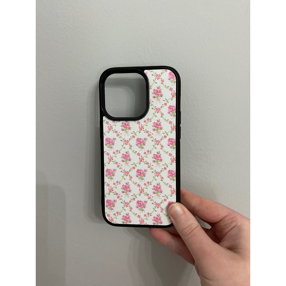 iPhone 14 Pro Case Unisex OS Pink White Floral Rose Pattern Black Bumper Grip